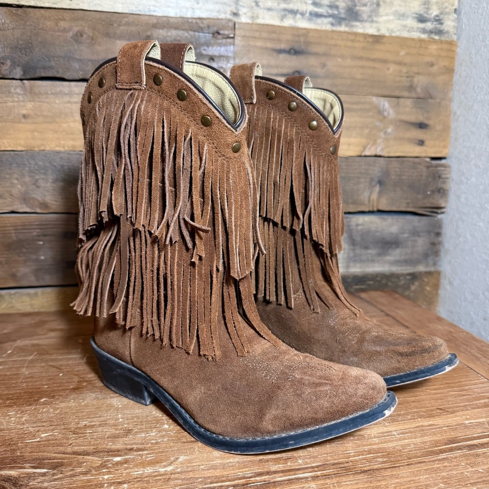 Shyanne‎ Girls' Double-Fringe Cowboy Boot Snip Toe Brown Suede Leather Size 3.